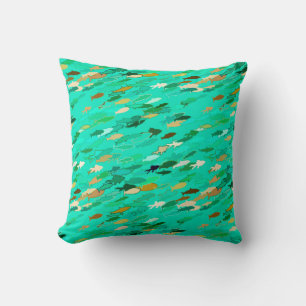 Coussin École de Poisson, Aqua, Vert et Or