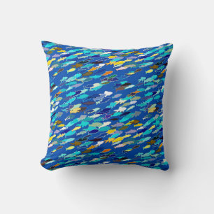 Coussin École de poisson, bleu foncé, blanc et turquoise