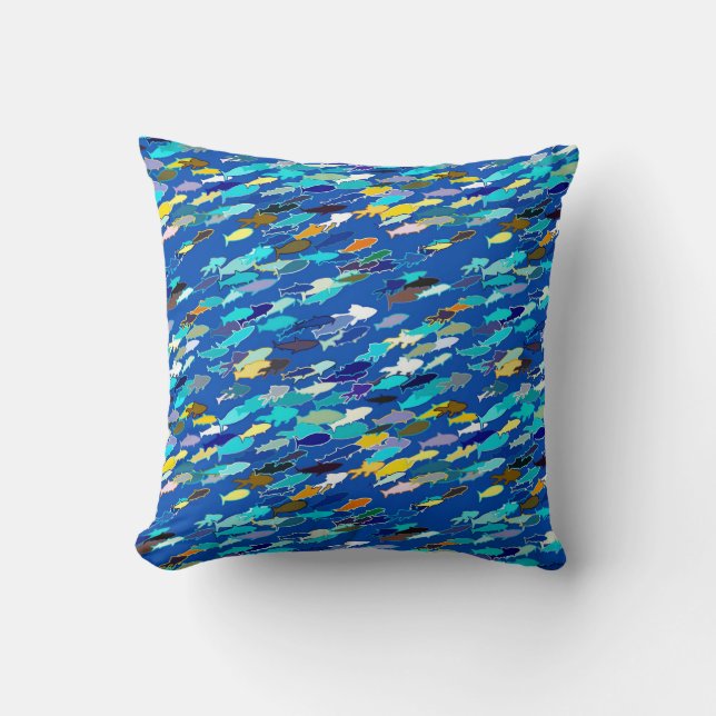 Coussin École de poisson, bleu foncé, blanc et turquoise (Recto)