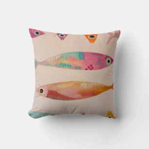 Coussin École de poissons d'art original - Rose, sarcelle,