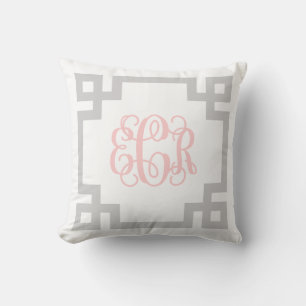 Coussin ECR Gris et rose grecque clé Monogramme de script