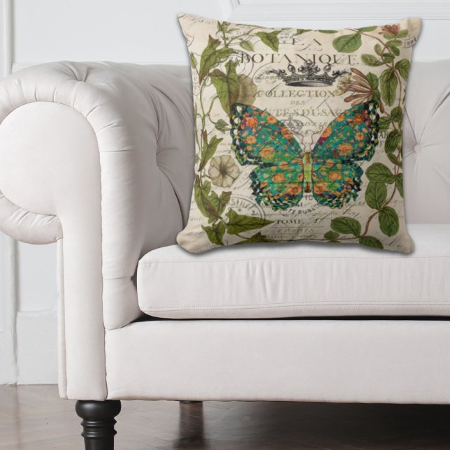 Coussin écriture bohème papillon botanique français (bohemian scripts french botanical butterfly throw pillow)