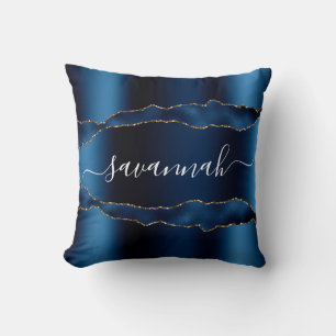 Coussin Écriture de nom de marbre d'agate d'or bleu
