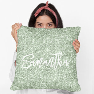Coussin Écriture Pinceau Paillettes Vert Sauge