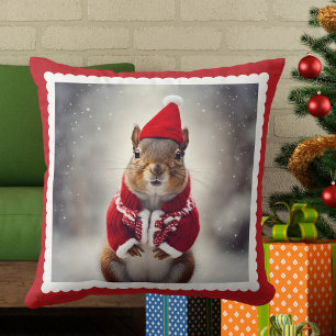 Coussin Écureuil de Noël mignon Père Noël tenue d'hiver