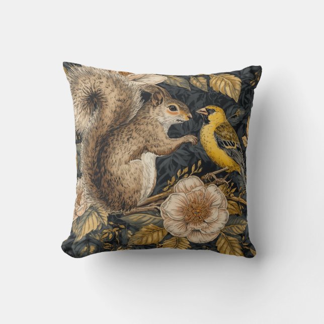 Coussin Écureuil et Canari Jaune avec Motif Fleurs (Recto)
