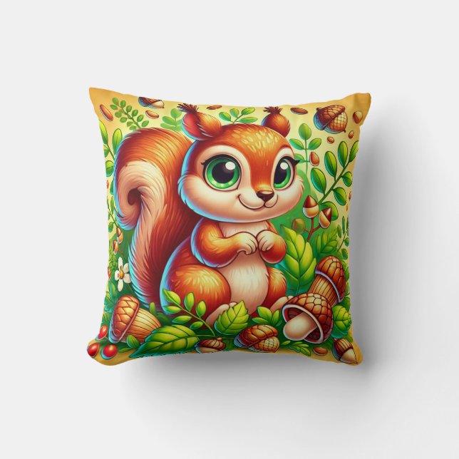 Coussin Écureuil mignon entouré de feuilles de forêt vibra (Recto)