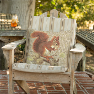 Coussin Écureuil rouge mignon sur Faux Jute Burlap Texture