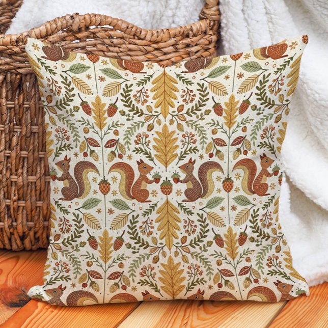 Coussin Écureuils Automne Feuilles Nature Chaude (Squirrels and autumn leaves pillow)