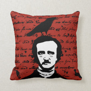 Coussin Edgar Allan Poe et Raven noir sur le rouge