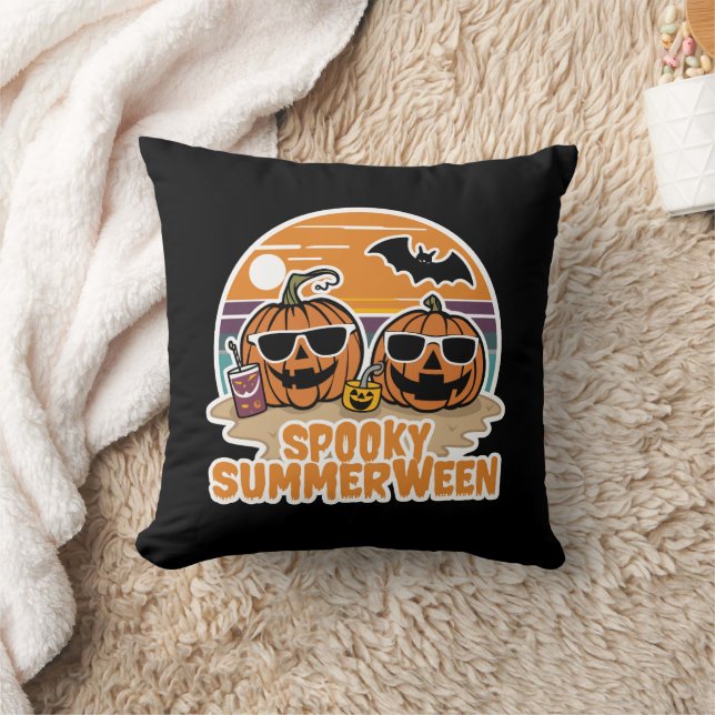 Coussin Éffrayant Summerween - citrouilles sur la plage (Couverture)