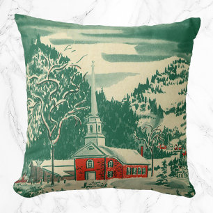 Coussin Église de Noël vintage, paysage enneigé en hiver