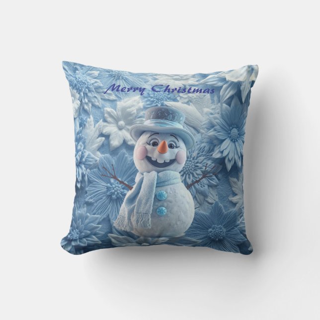 Coussin Elegant 3D Icy Blue Floral Adorable Snowman  (Recto)