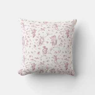 Coussin Élégant Angels Cupides Rose Blanc Toile Florale
