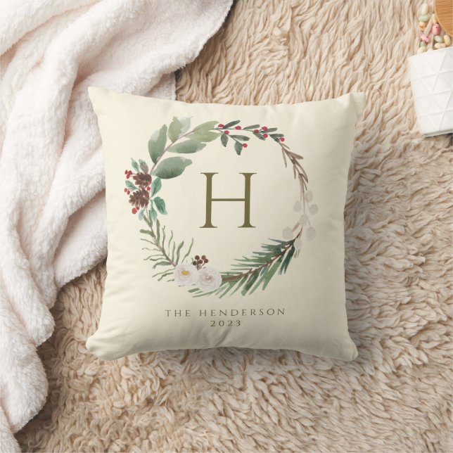 Coussin Élégant aquarelle de Noël monogramme de couronne (Couverture)