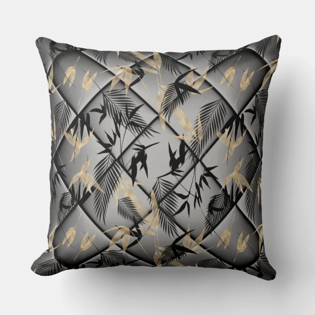 Coussin Elégant Argent gris Noir Palmiers Bamboo (Recto)