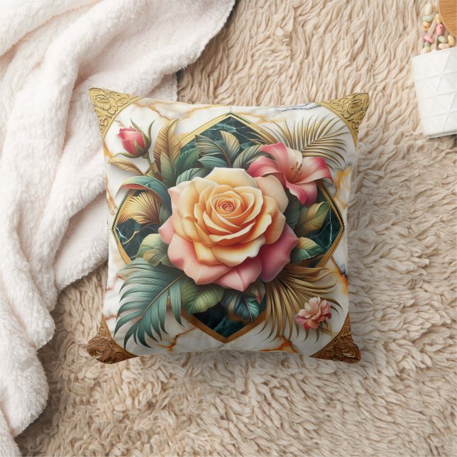 Coussin Élégant Arrangement Floral Avec Roses Et Feuilles (Couverture)
