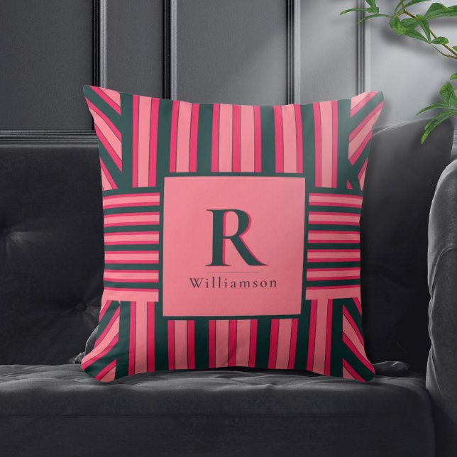 Coussin Élégant Art Déco Motif de monogramme rose fusain (Créateur téléchargé)
