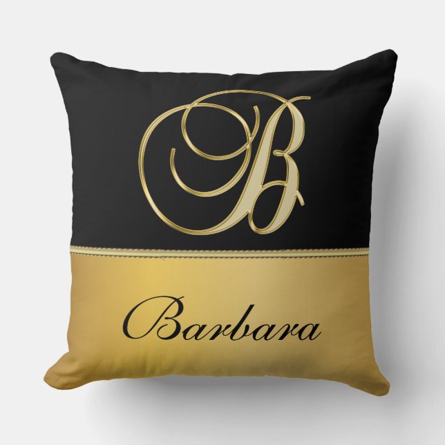 Coussin Élégant "B" Monogramme Nom personnalisé Black Gold (Recto)