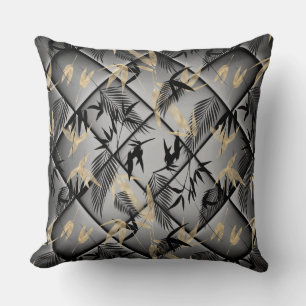 Coussin Élégant Bambou Gris Argent Noir Or Palmiers
