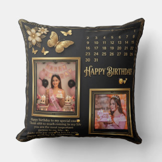 Coussin Elegant Black and Gold Birthday Photo Collage