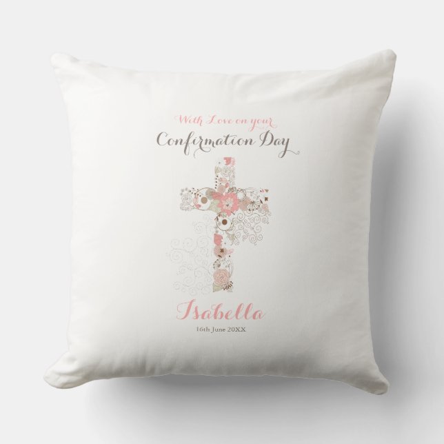 Coussin Elégant blanc confirmation nom croix florale (Recto)