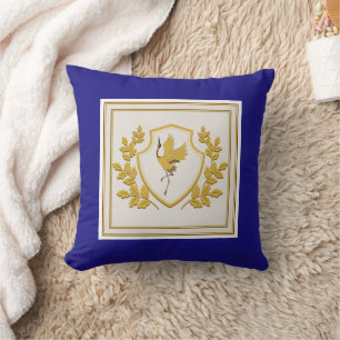 Coussin Élégant blason de grue royale bleue et or
