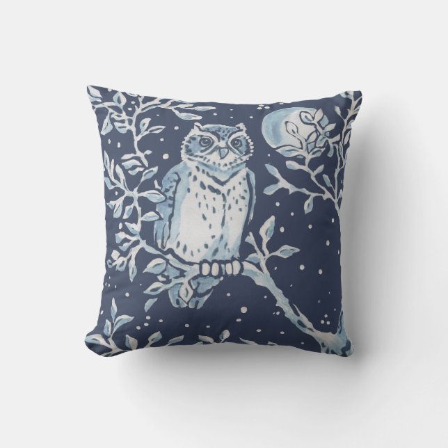 Coussin Elégant Bleu Blanc Forêt Chouette Lune Woodland Ar (Recto)