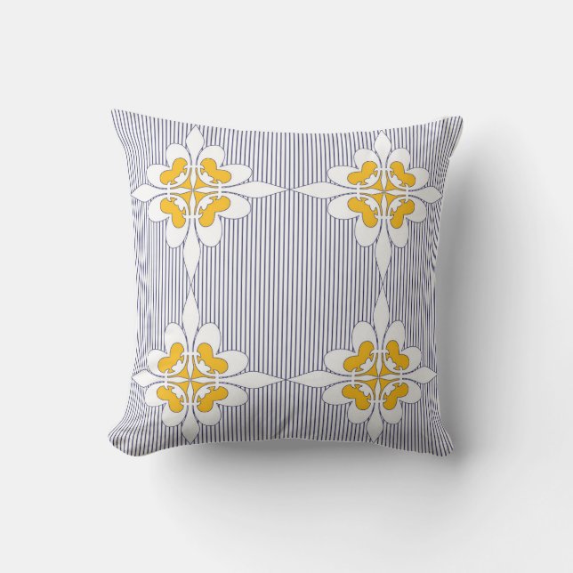 Coussin Elégant, bleu marine, rayures, jaune moutarde, bla (Recto)