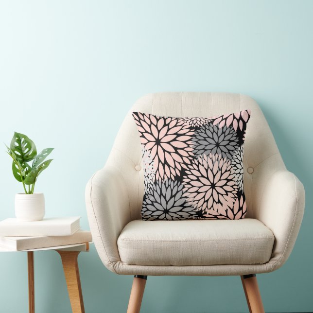 Coussin Élégant bleu rose gris dahlia floral (Chaise)