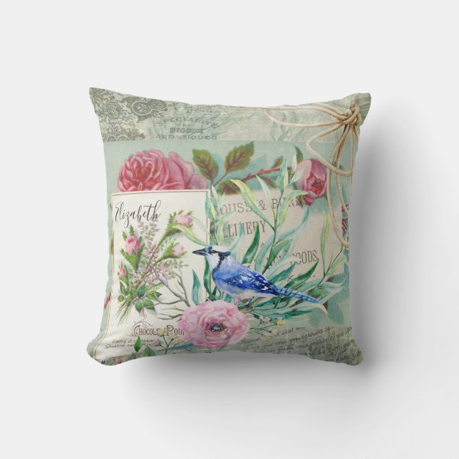 Coussin Elégant Blue Jay Bird Vintage rose floral et nom (Recto)