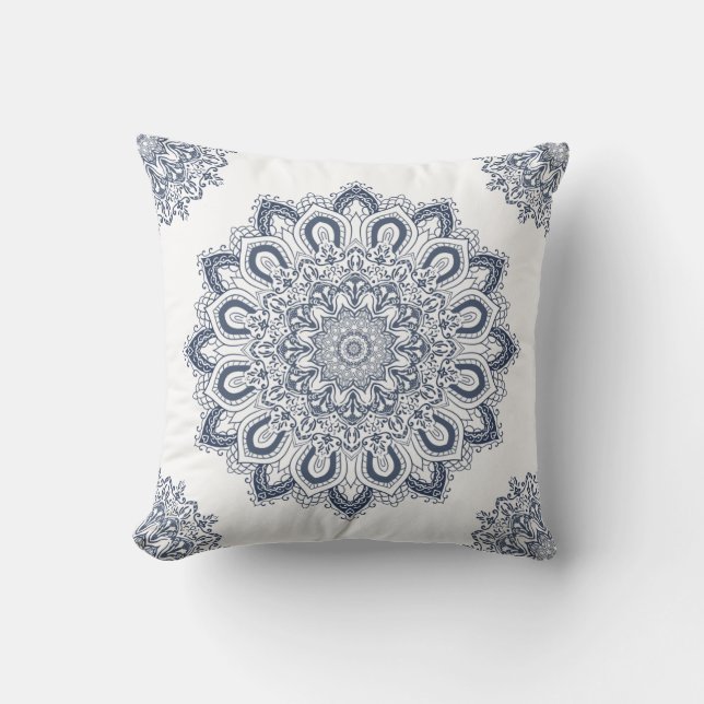 Coussin Elégant Boho bleu et blanc Mandala (Recto)