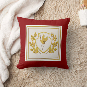 Coussin Élégant Bouclier de Grue en Or Vintage et Laurier