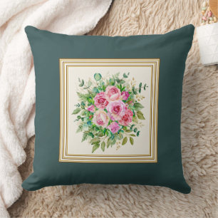 Coussin Élégant Bouquet de Roses Roses au Charbon de Bois