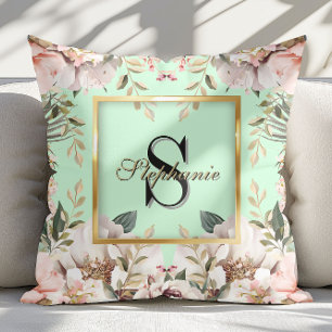 Coussin Elégant cadre en or floral Monogramme vert clair