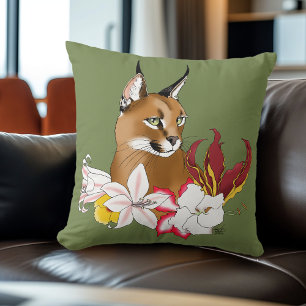 Coussin Élégant Caracal Chat Sauvage Lis Floral Vert