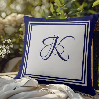 Coussin Élégant carré gris bleu motif monogramme initial
