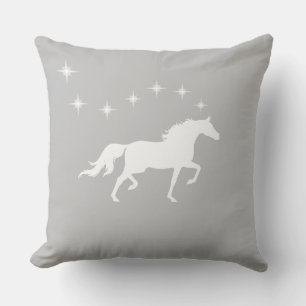 Coussin Élégant cheval blanc et étoiles sur gris argenté