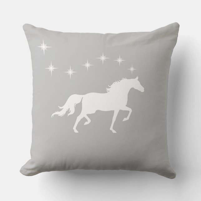 Coussin Élégant cheval blanc et étoiles sur gris argenté (Recto)