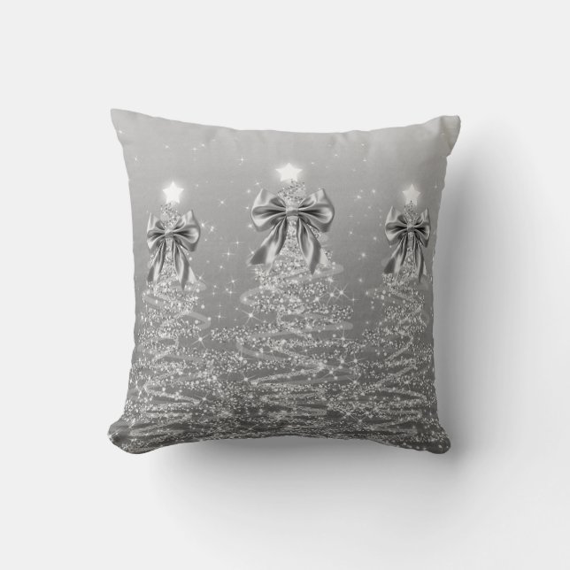 Coussin Elegant Christmas Sparkling Trees Silver Faux Bow (Recto)