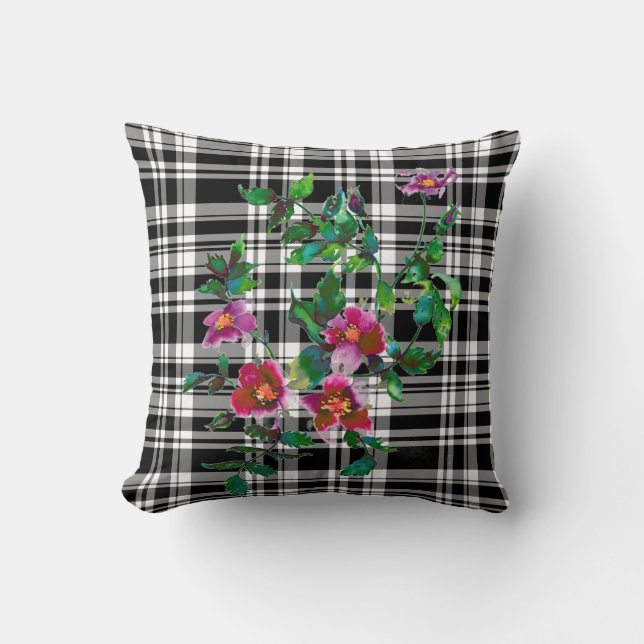 Coussin Elégant classique rouge aquarelle floral noir blan (Recto)