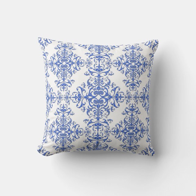 Coussin Elégant Cobalt bleu et blanc Floral Style Damask (Recto)