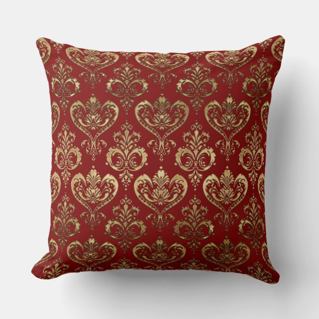 Coussin Elégant Coeurs Rouge et Or Saint Valentin Damas (Recto)