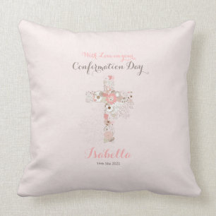 Coussin Élégant croix florale de confirmation rose pâle