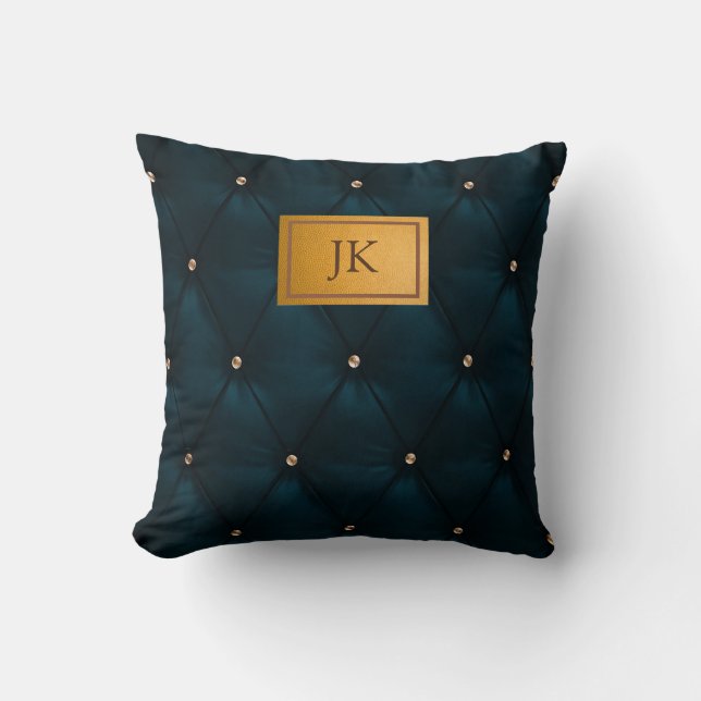 Coussin Élégant Cuir Vert, Diamants, Monogramme (Recto)
