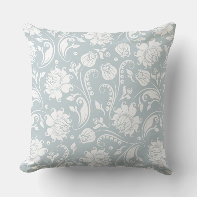 Coussin Élégant Damas Floral Blanc Et Bleu (Recto)