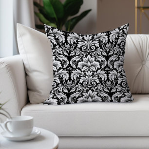 Coussin Élégant damassé vintage noir et blanc