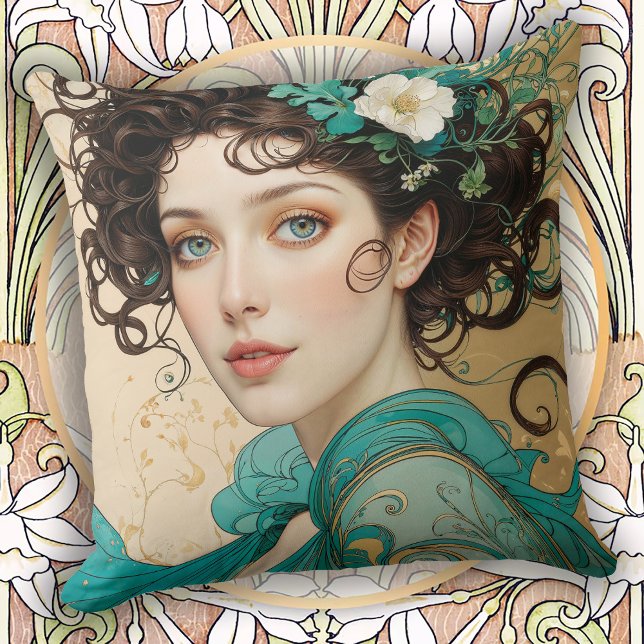 Coussin Elegant Dark Haired Art Nouveau Woman (Créateur téléchargé)