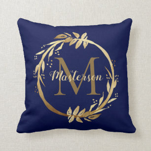 Coussin Élégant doré Bleu Foliage Wreath Famille Monogr