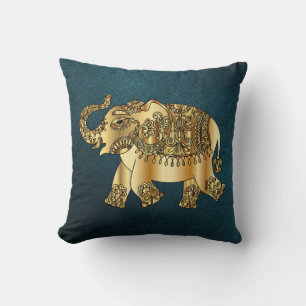 Coussin Élégant éléphant paisley or, aspect cuir vert 